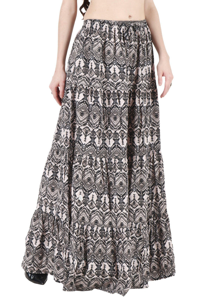 Model wearing Rayon Maxi Skirt with Pattern type: Geometric-4