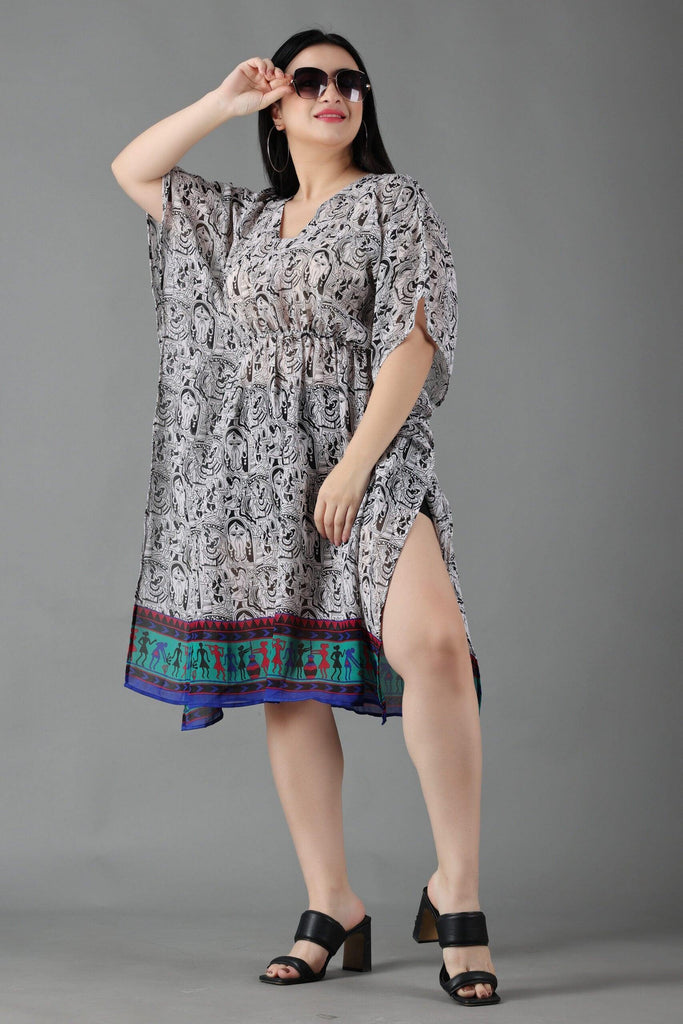 Model wearing Polyster Chiffon Kaftan with Pattern type: Kalamkari Print with Border-2