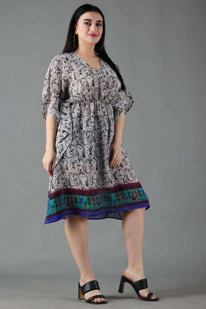 Model wearing Polyster Chiffon Kaftan with Pattern type: Kalamkari Print with Border-6