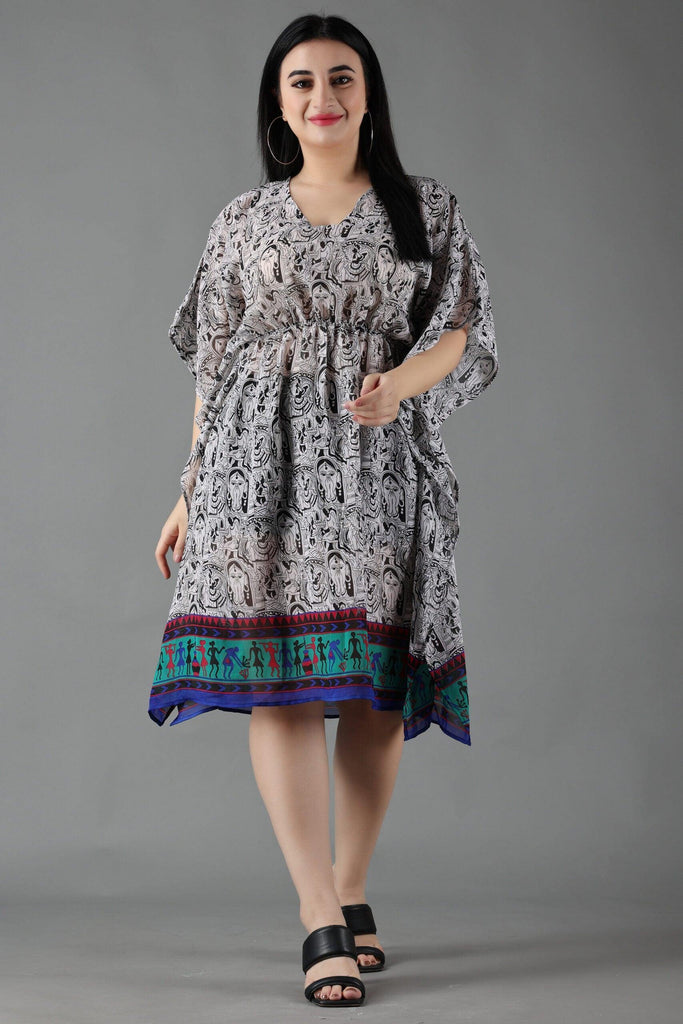 Model wearing Polyster Chiffon Kaftan with Pattern type: Kalamkari Print with Border-7