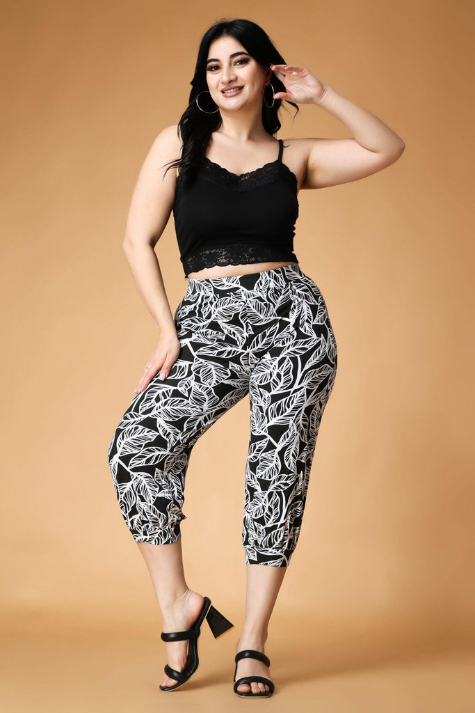 Model wearing Viscose Lycra Pant with Pattern type: Leaf-1