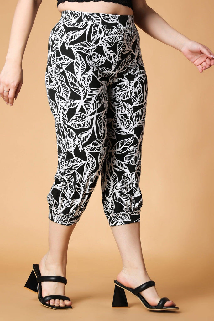 Model wearing Viscose Lycra Pant with Pattern type: Leaf-3