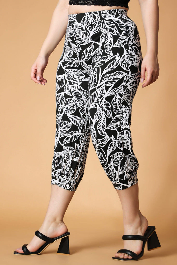 Model wearing Viscose Lycra Pant with Pattern type: Leaf-4
