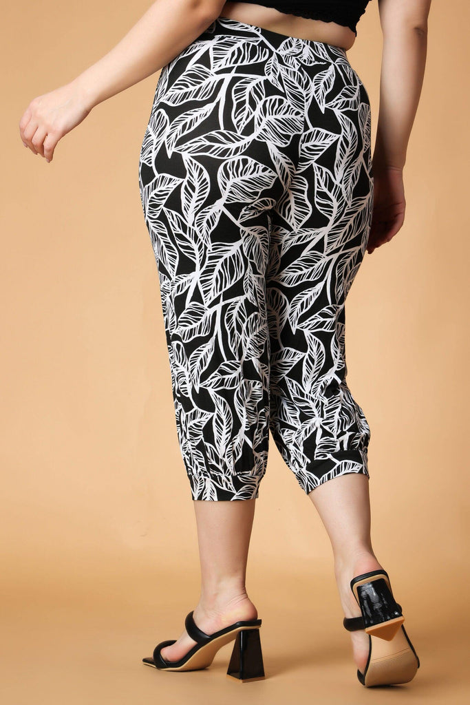 Model wearing Viscose Lycra Pant with Pattern type: Leaf-6
