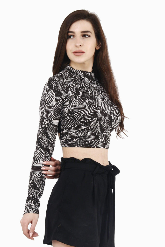 Model wearing Poly Lycra Crop Top with Pattern type: Abstract -1