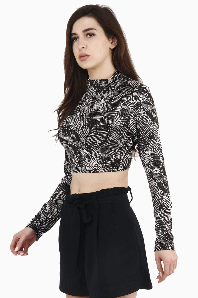 Model wearing Poly Lycra Crop Top with Pattern type: Abstract -4