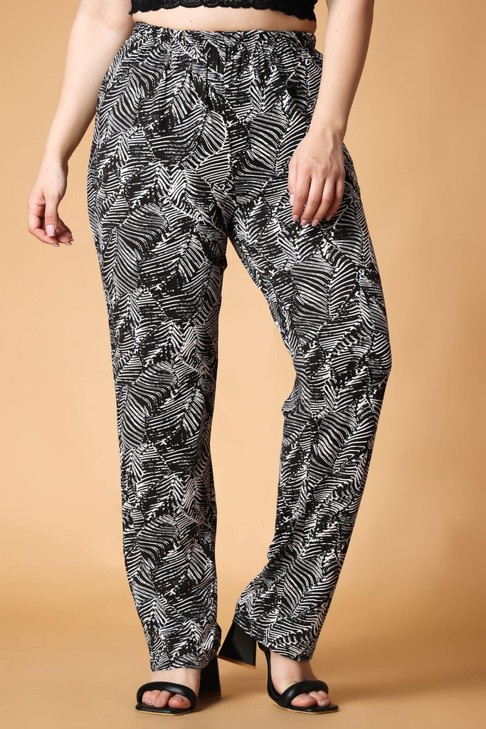 Model wearing Poly Lycra Pant with Pattern type: Leaves-1