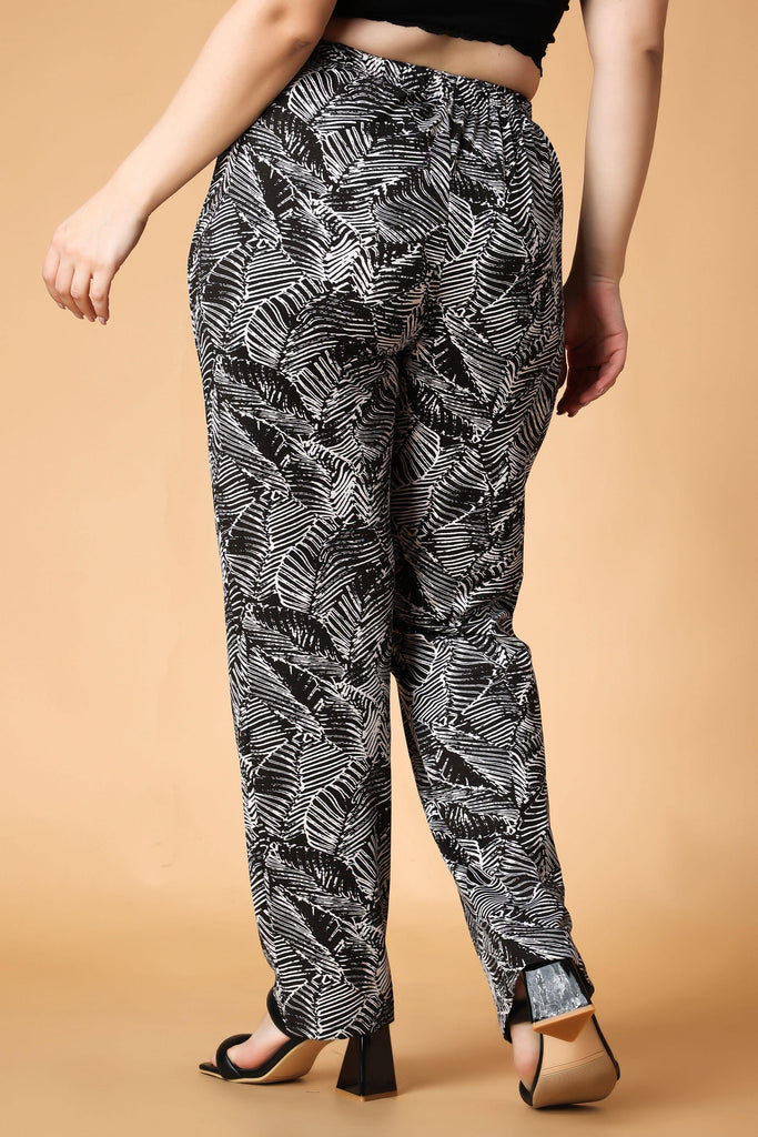 Model wearing Poly Lycra Pant with Pattern type: Leaves-2