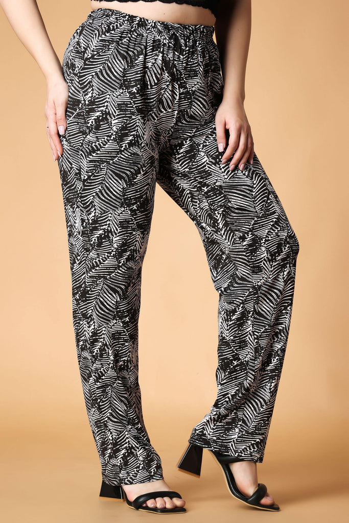 Model wearing Poly Lycra Pant with Pattern type: Leaves-4