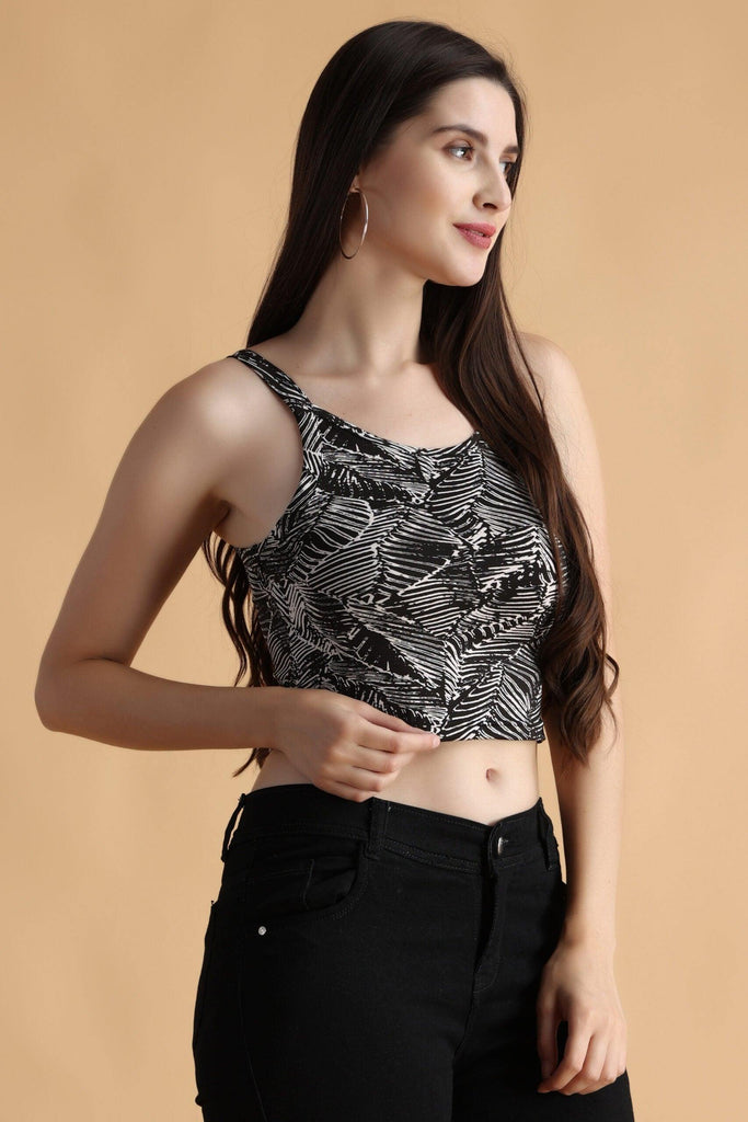 Model wearing Polyester Elastane Crop Top with Pattern type: Abstract -3