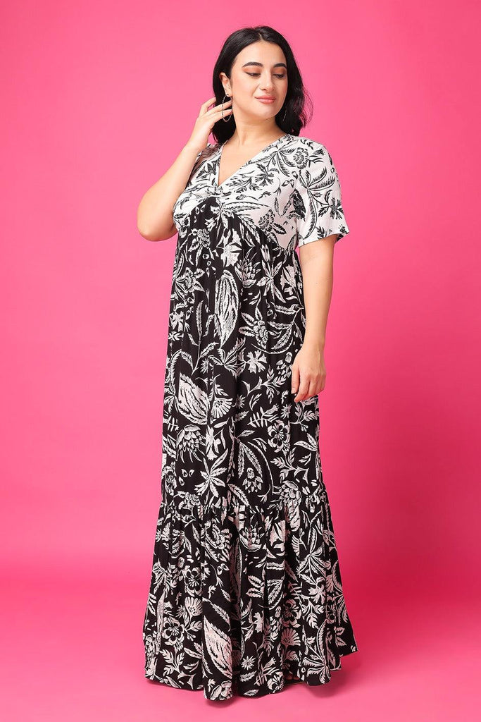 Model wearing Viscose Crepe Maxi Dress with Pattern type: Leaf-3