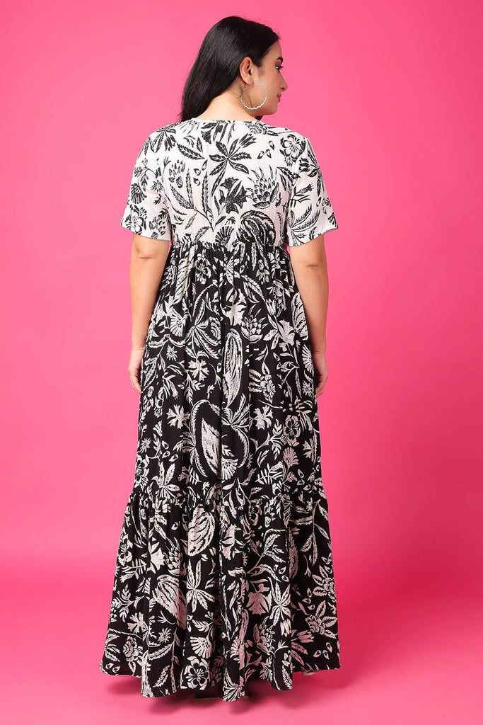 Model wearing Viscose Crepe Maxi Dress with Pattern type: Leaf-4
