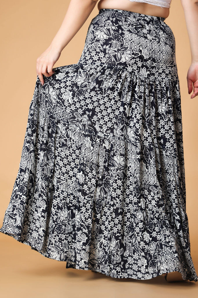 Model wearing Viscose Crepe Maxi Skirt with Pattern type: Abstract-2