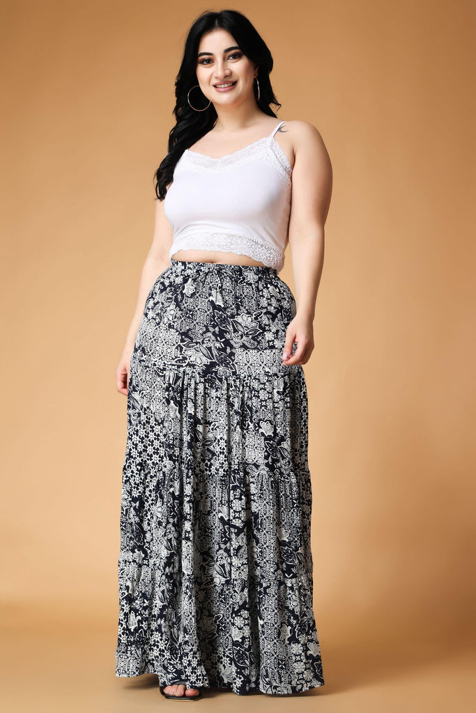 Model wearing Viscose Crepe Maxi Skirt with Pattern type: Abstract-6