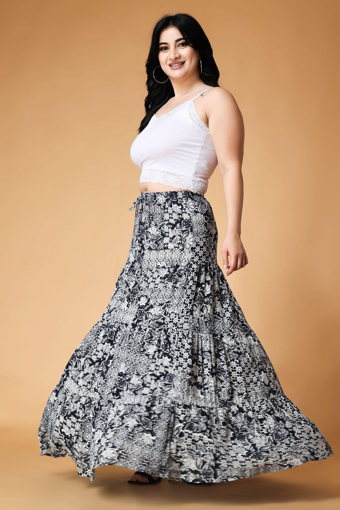 Model wearing Viscose Crepe Maxi Skirt with Pattern type: Abstract-7