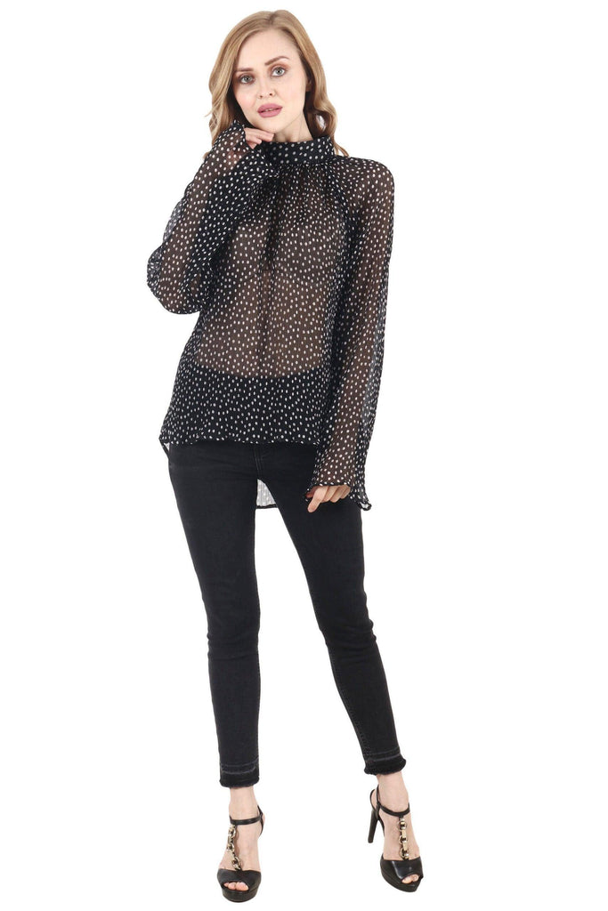 Model wearing Polyster Chiffon Top with Pattern type: Polka Dots-5