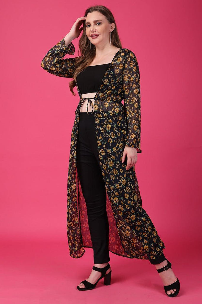 Model wearing Polyster Chiffon Shrug with Pattern type: Floral-3