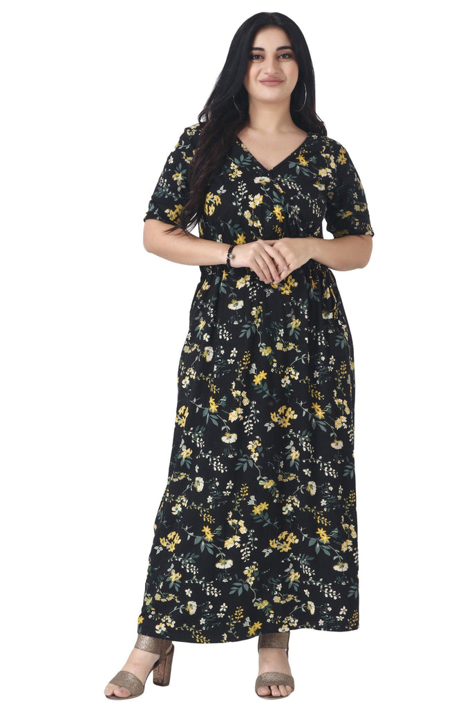 Model wearing Cotton Lycra Maxi Dress with Pattern type: Floral-1