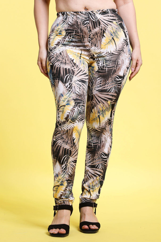 Model wearing Poly Lycra Pant with Pattern type: Leaves-3