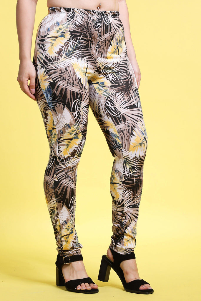 Model wearing Poly Lycra Pant with Pattern type: Leaves-4
