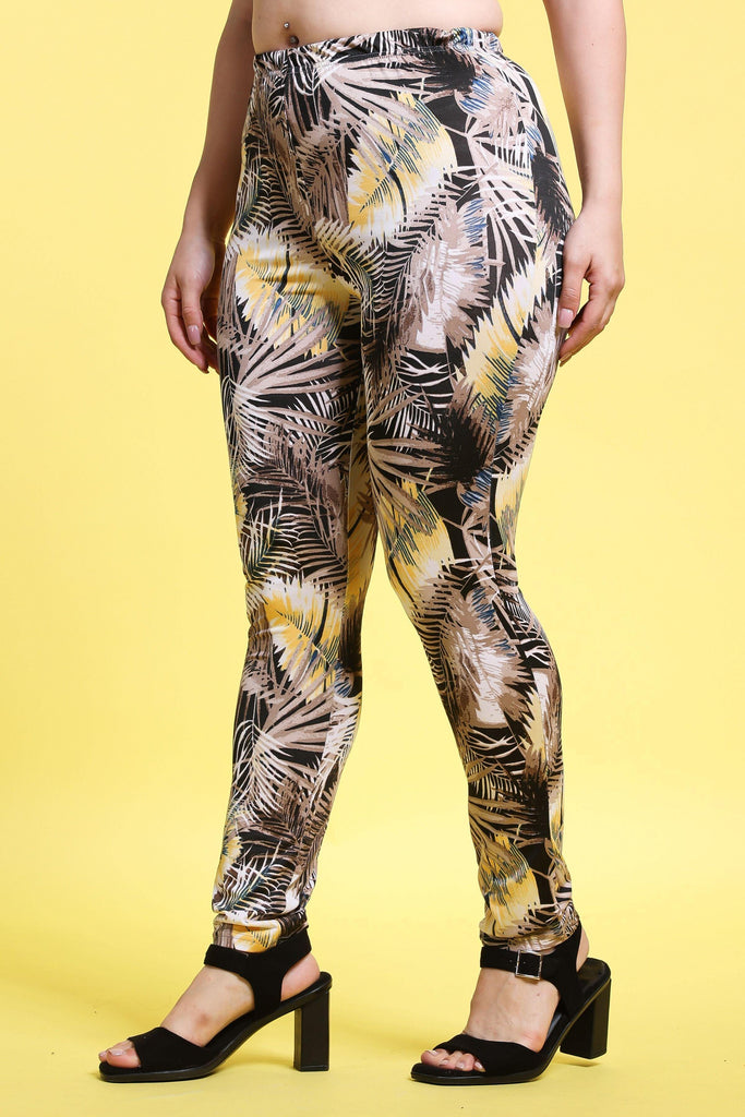 Model wearing Poly Lycra Pant with Pattern type: Leaves-5