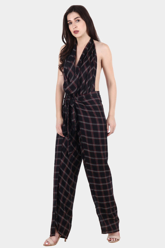 Model wearing Polyester Jumpsuit with Pattern type: Checked-7