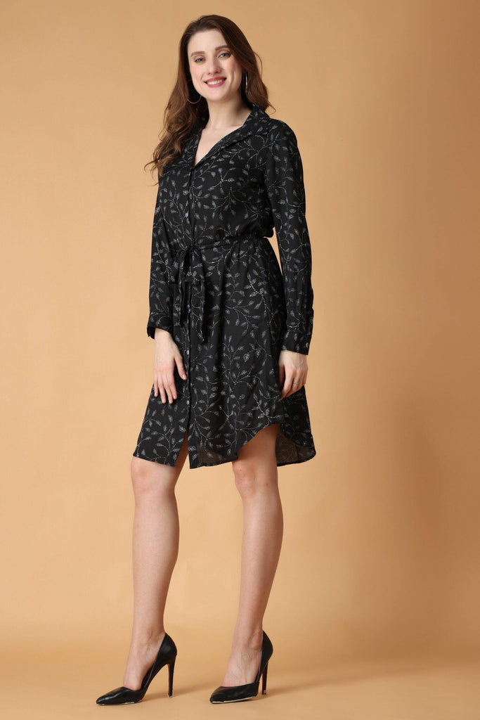 Model wearing Polyester Mini Dress with Pattern type: Dots Leaf-4