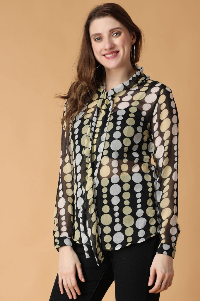 Model wearing Polyster Georgette Top with Pattern type: Dots-6