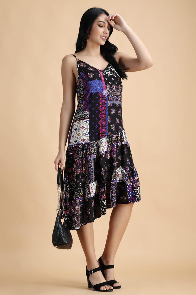 Model wearing Rayon Midi Dress with Pattern type: Floral-1