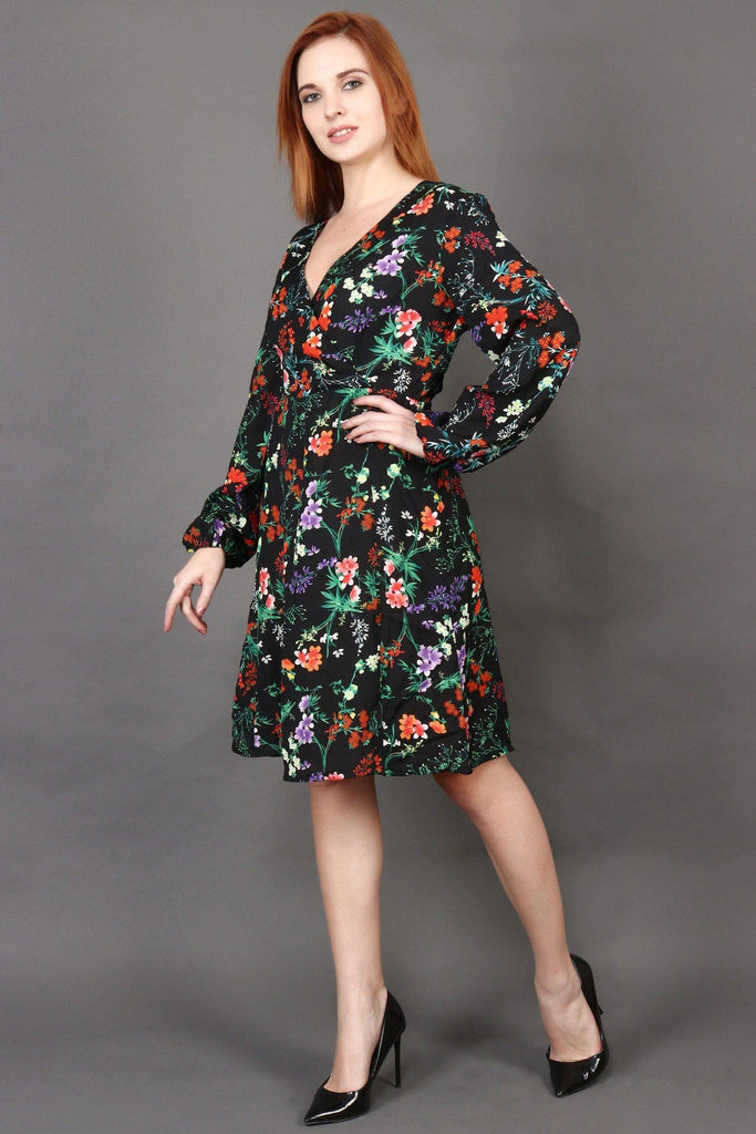 Model wearing Poly Crepe Mini Dress with Pattern type: Floral-2