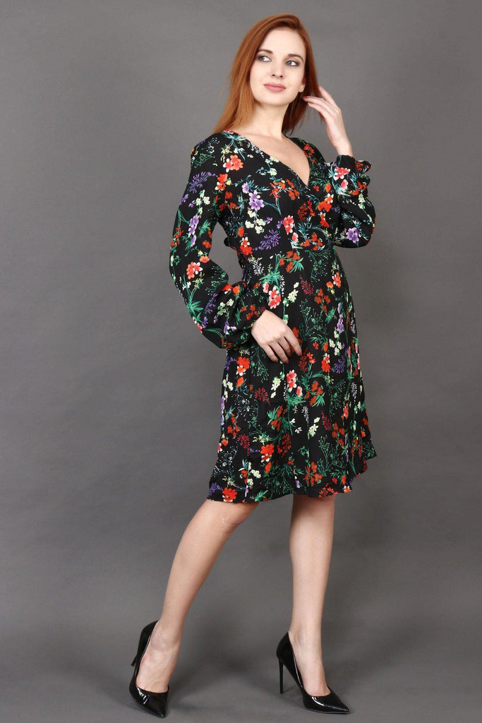 Model wearing Poly Crepe Mini Dress with Pattern type: Floral-5