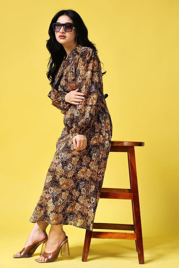 Model wearing Poly Crepe Maxi Dress with Pattern type: Floral-7