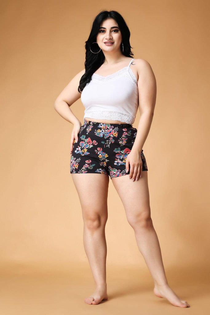 Model wearing Viscose Lycra Shorts with Pattern type: Floral-2