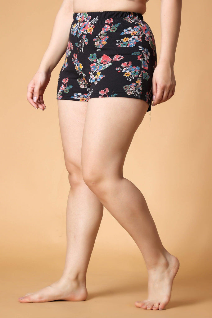 Model wearing Viscose Lycra Shorts with Pattern type: Floral-4