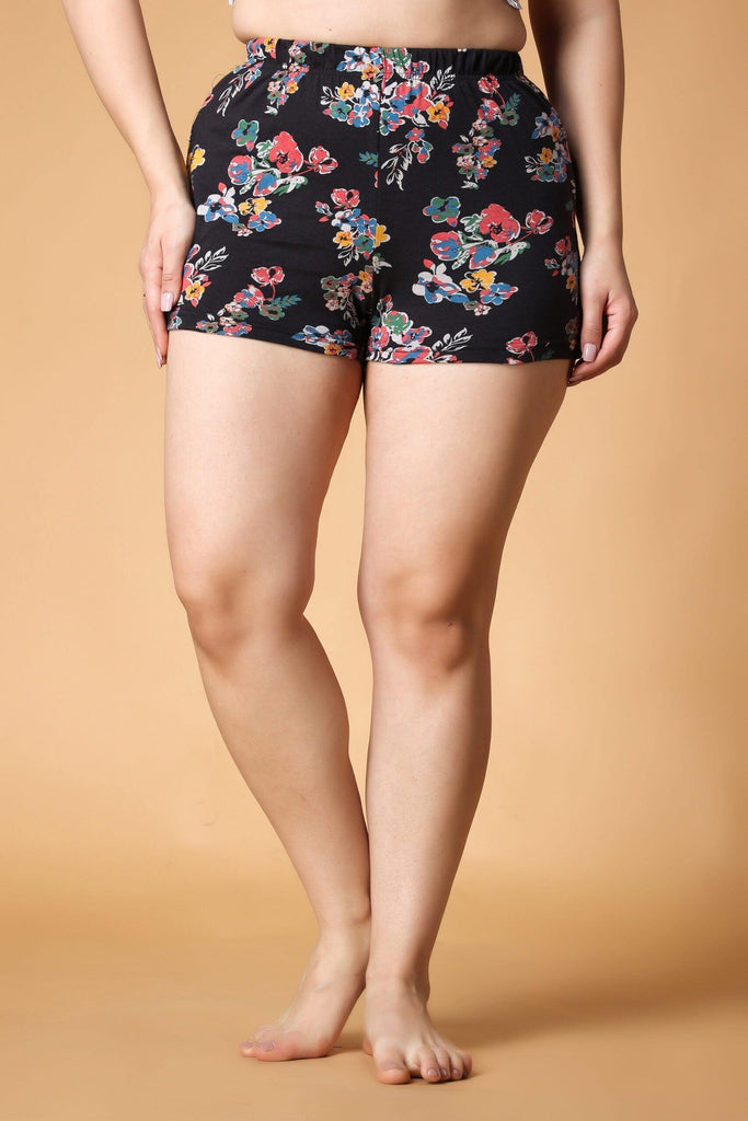 Model wearing Viscose Lycra Shorts with Pattern type: Floral-5