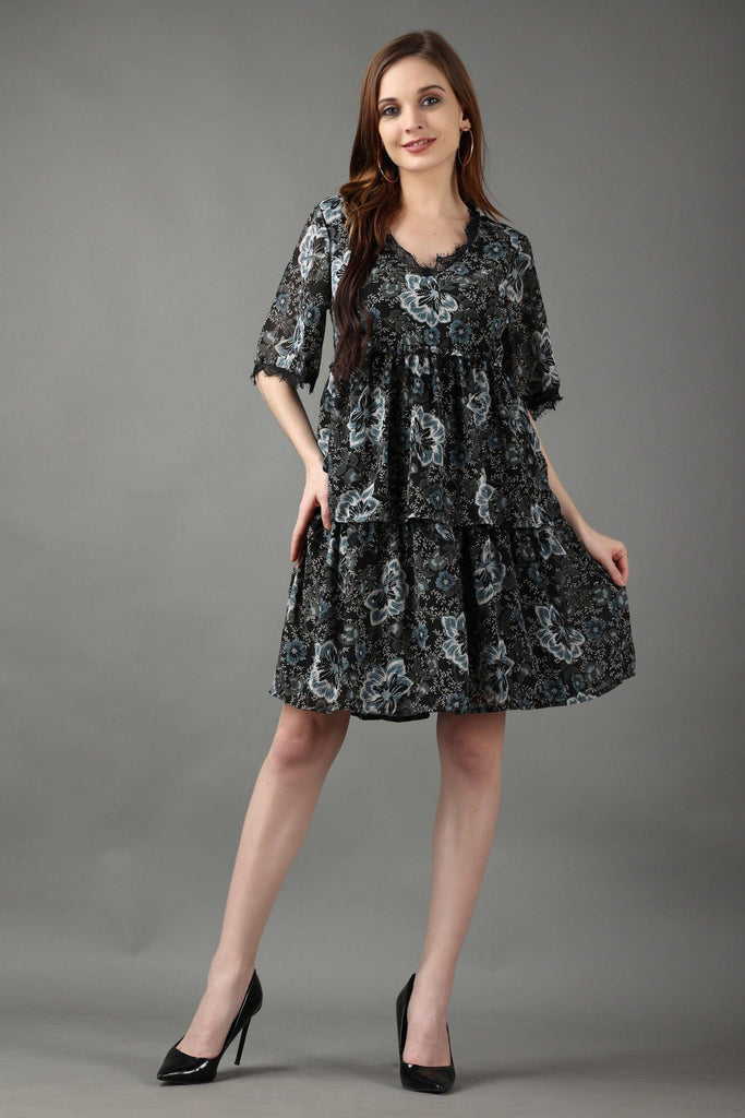 Model wearing Polyster Georgette Mini Dress with Pattern type: Floral-6