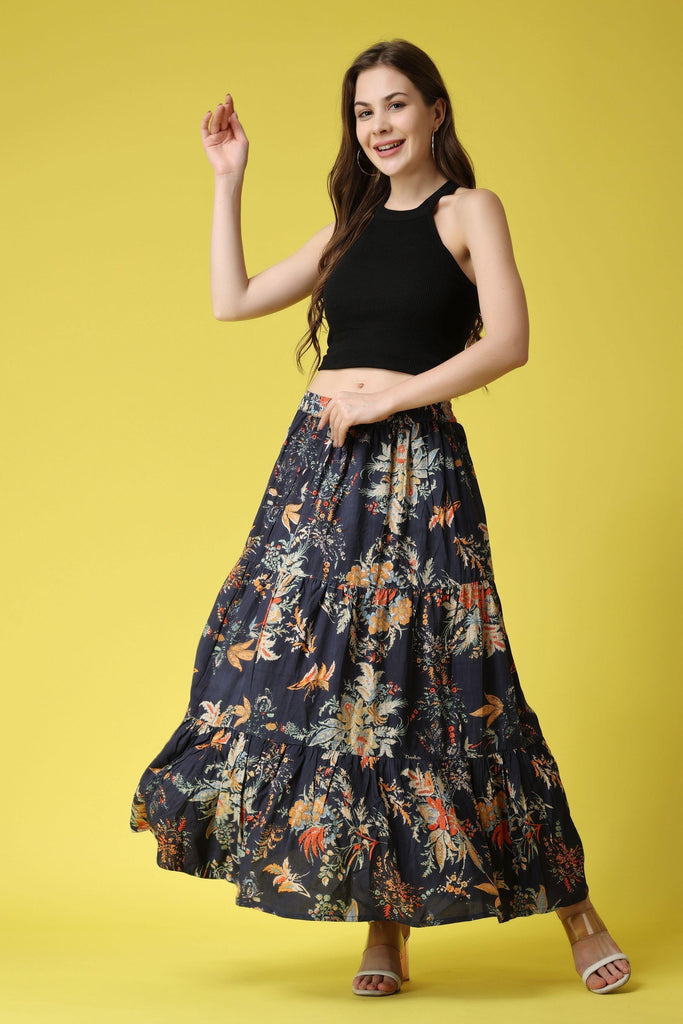 Model wearing Rayon Maxi Skirt with Pattern type: Floral-2