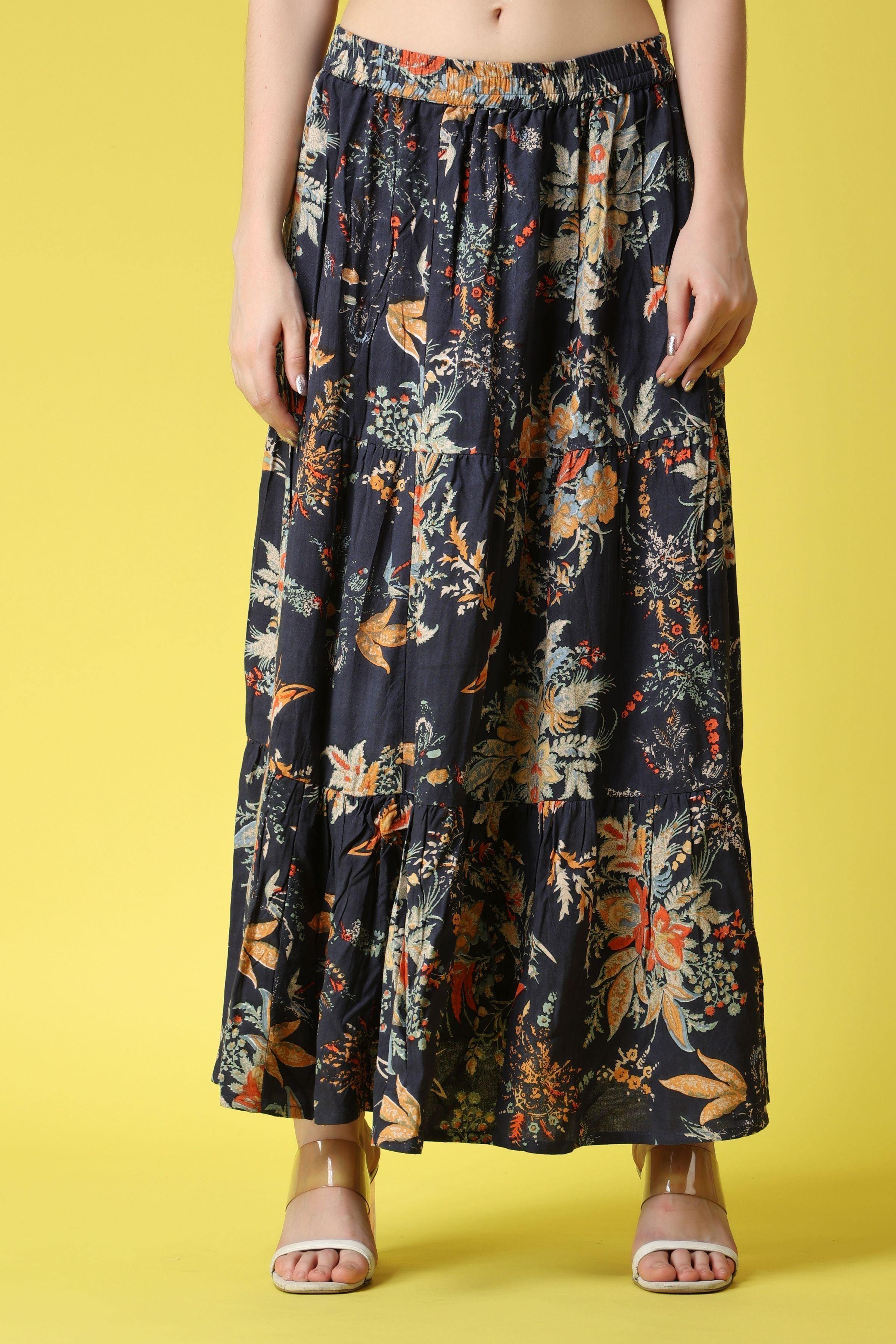 Floral Layered Maxi Skirt Casual Rayon Style for Mid-Rise Waist