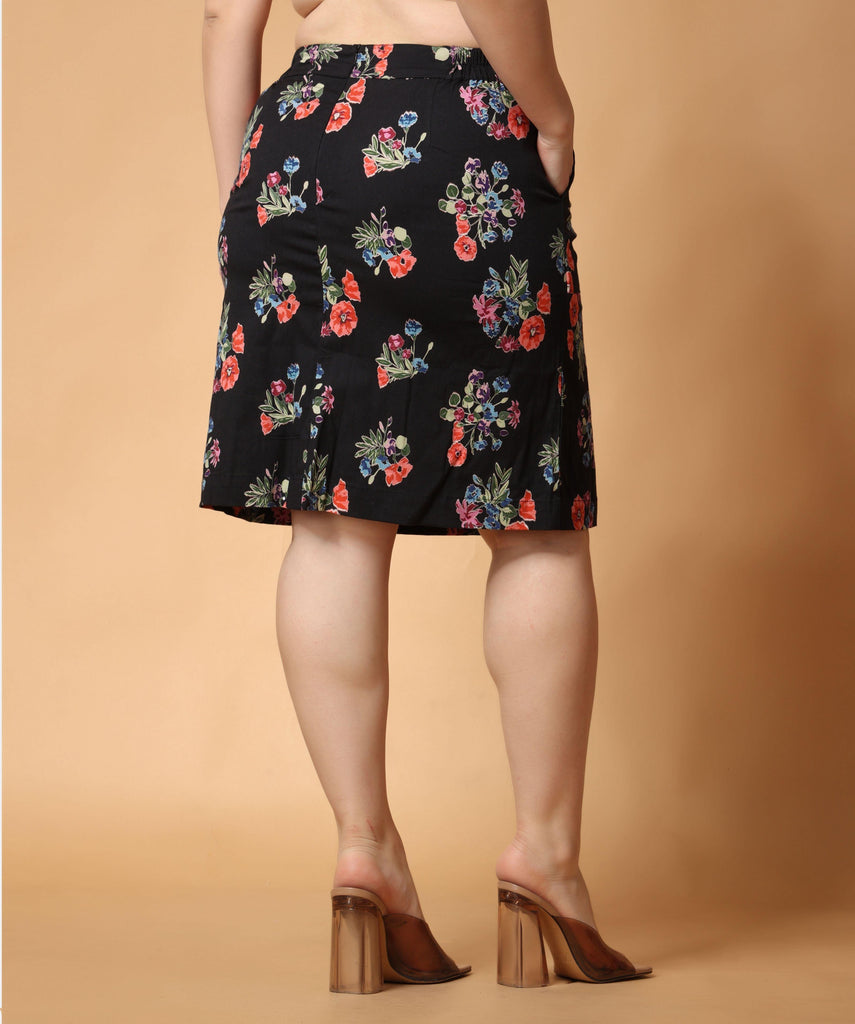 Model wearing Viscose Crepe Maxi Skirt with Pattern type: Floral-7