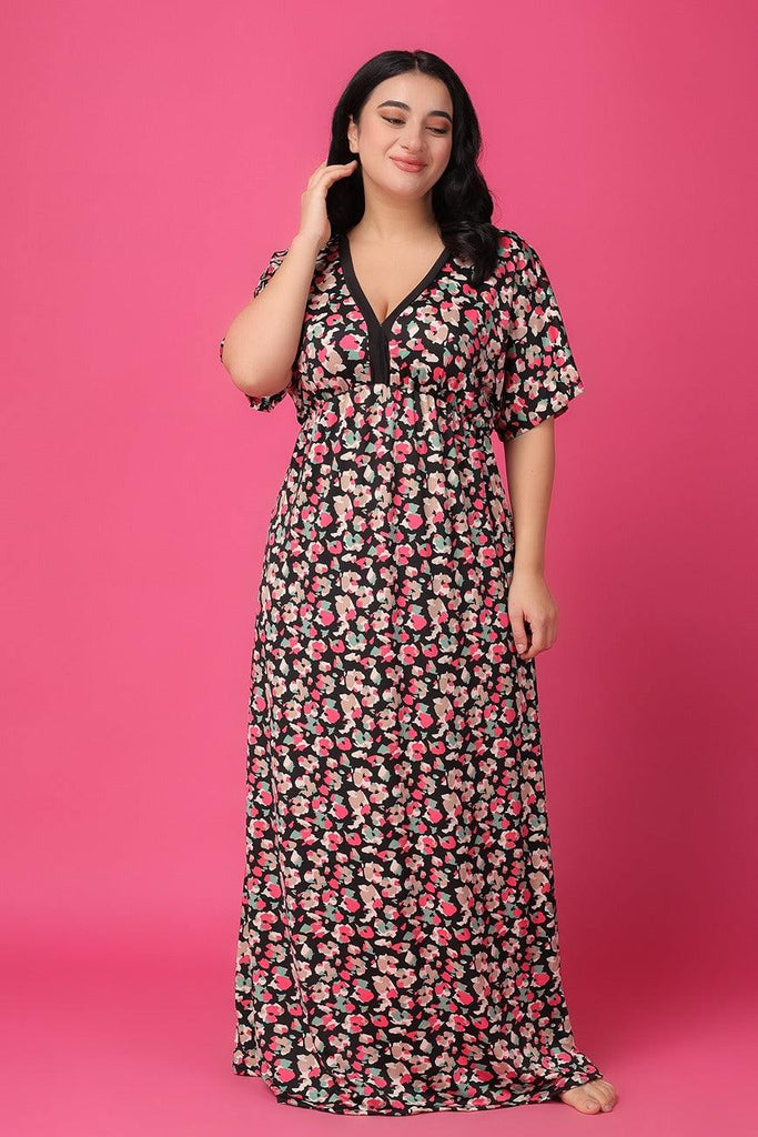 Model wearing Poly Lycra Long Night Dress with Pattern type: Floral-1