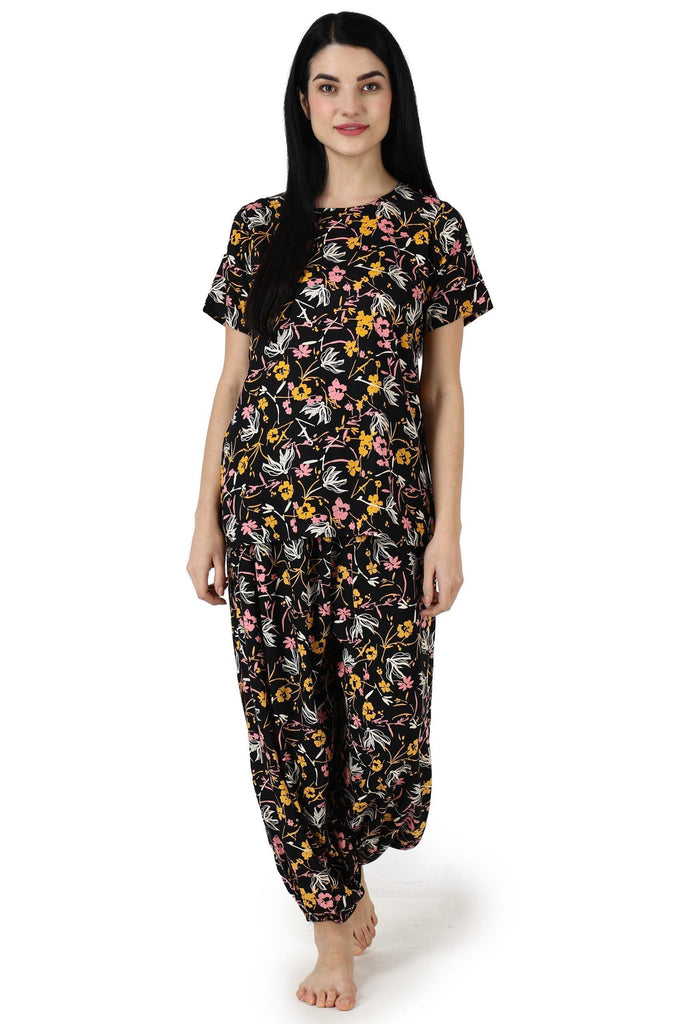 Model wearing Rayon Night Suit Set with Pattern type: Floral-1