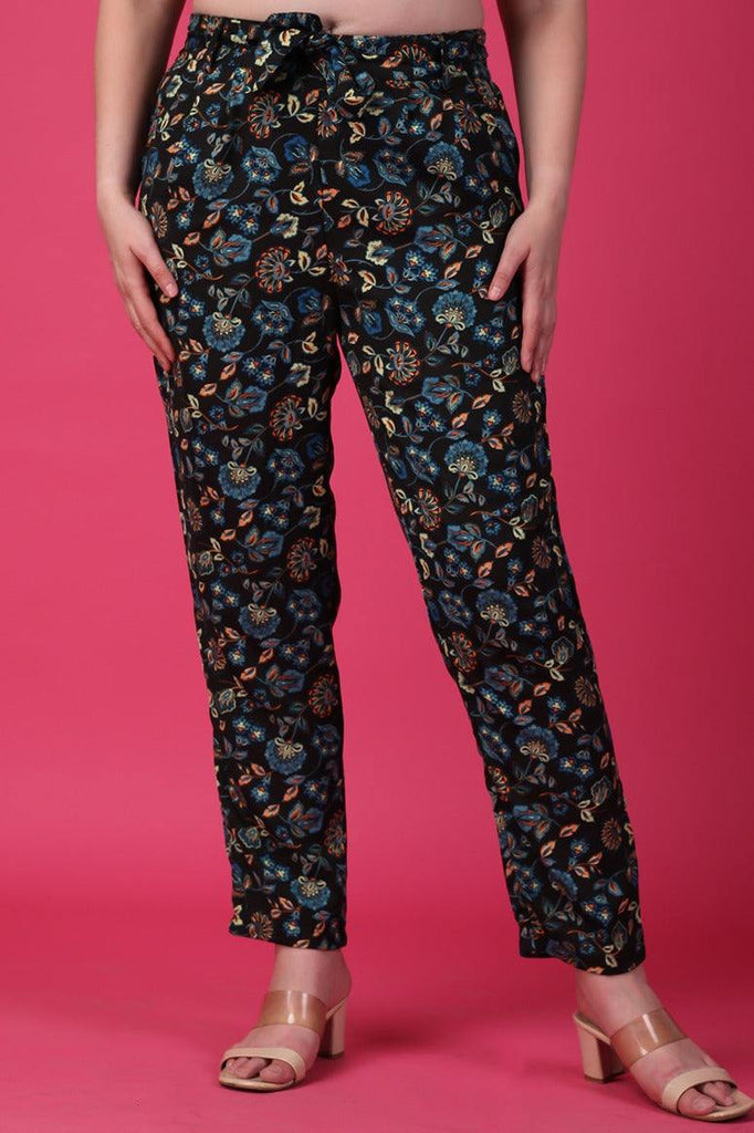 Model wearing Polyester Pant with Pattern type: Floral-1