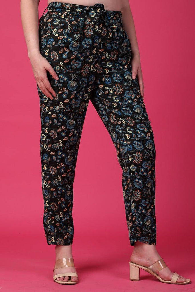 Model wearing Polyester Pant with Pattern type: Floral-3