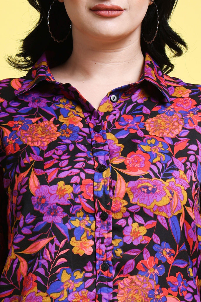 Model wearing Poly Crepe Shirt with Pattern type: Floral-5
