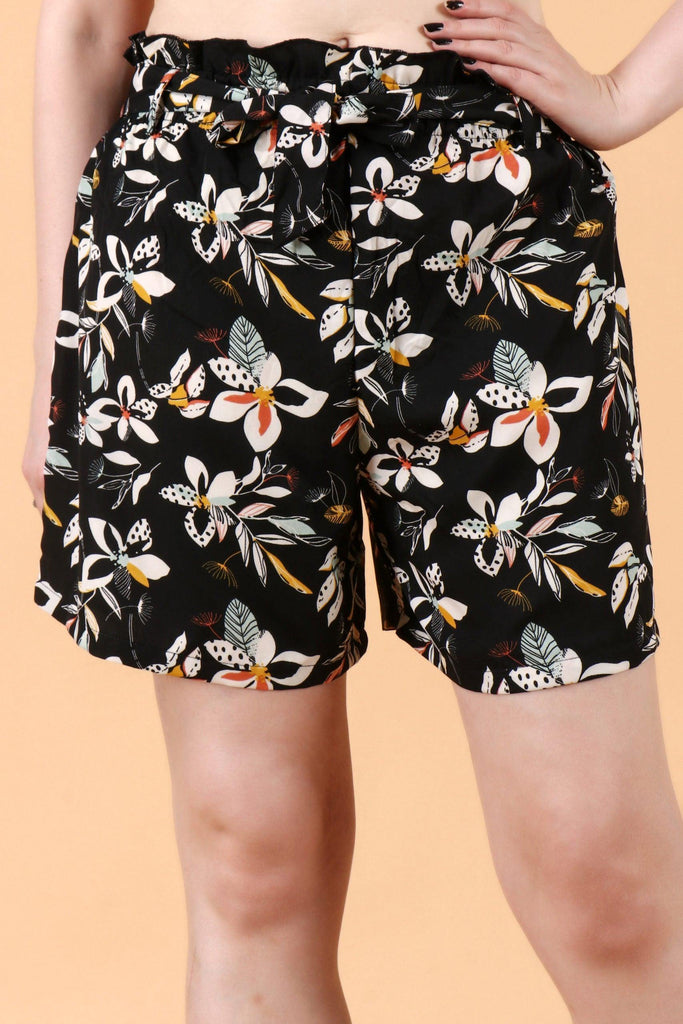 Model wearing Poly Crepe Shorts with Pattern type: Floral-1