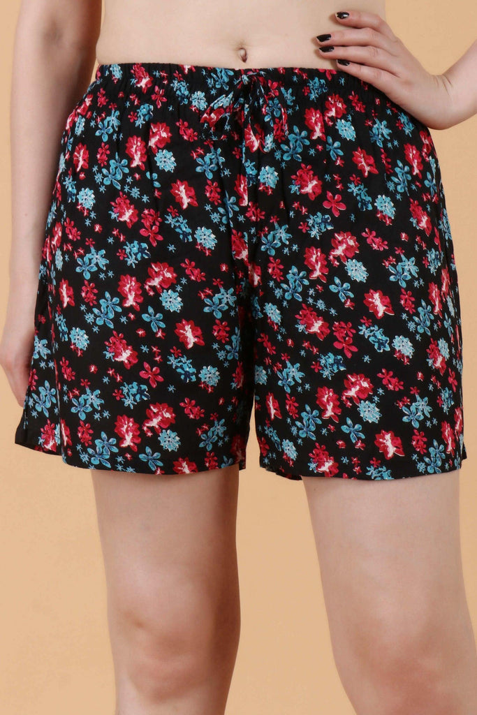 Model wearing Rayon Shorts with Pattern type: Floral-1