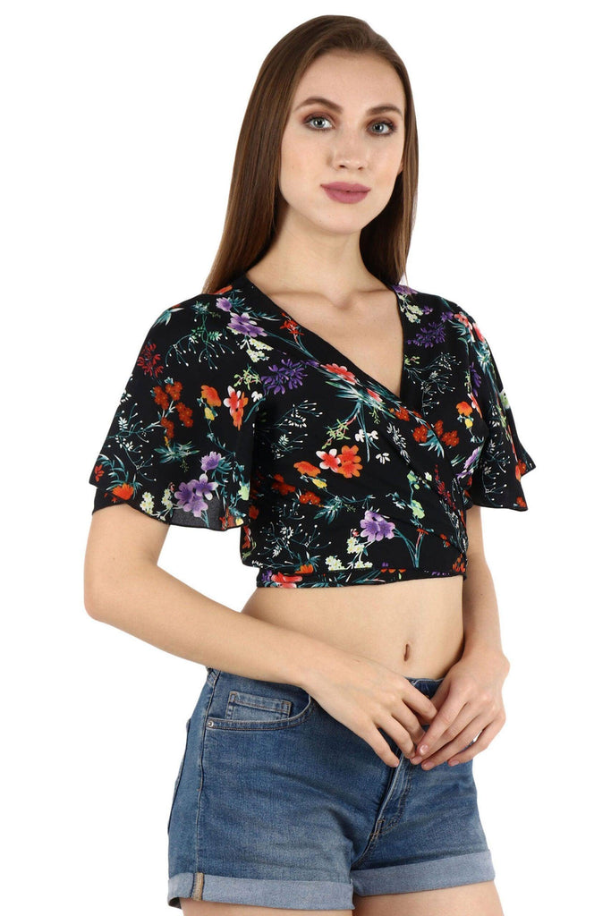 Model wearing Poly Crepe Crop Top with Pattern type: Floral-1