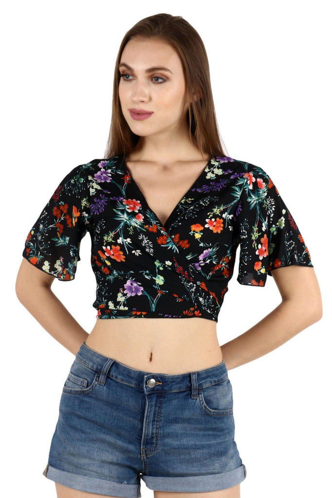 Model wearing Poly Crepe Crop Top with Pattern type: Floral-2