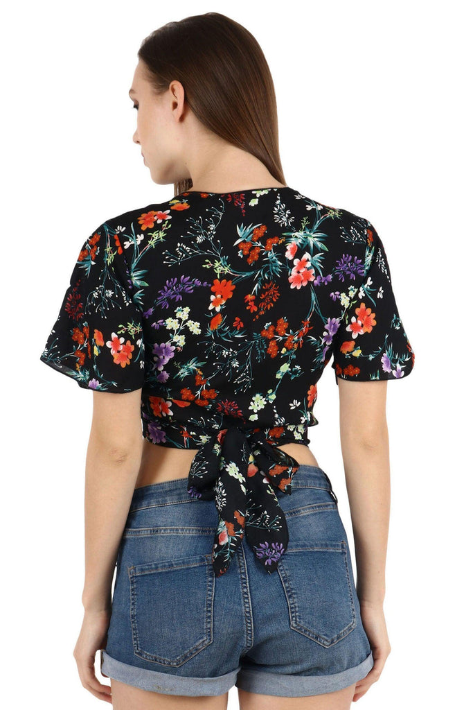 Model wearing Poly Crepe Crop Top with Pattern type: Floral-3