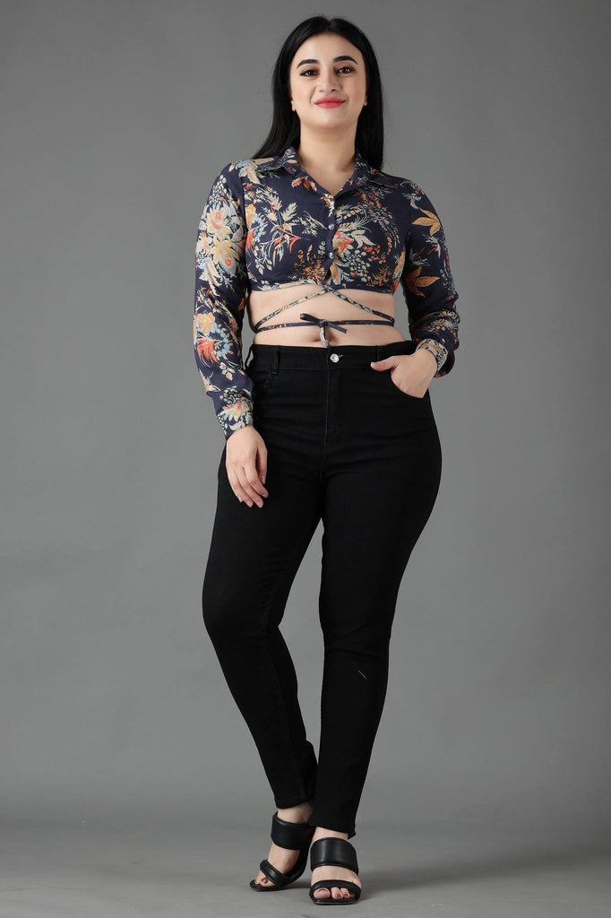 Model wearing Rayon Crop Top with Pattern type: Floral-2